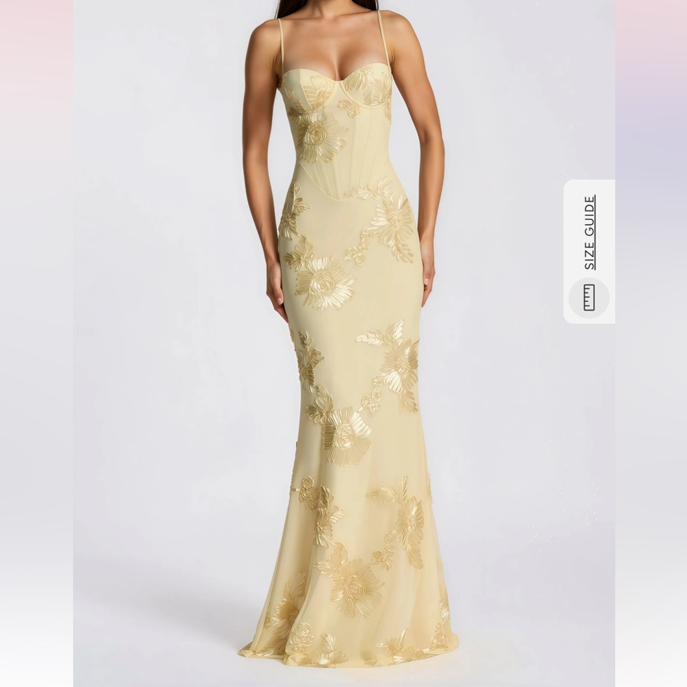 Strapless Floral Embroidered Evening Gown - Yellow